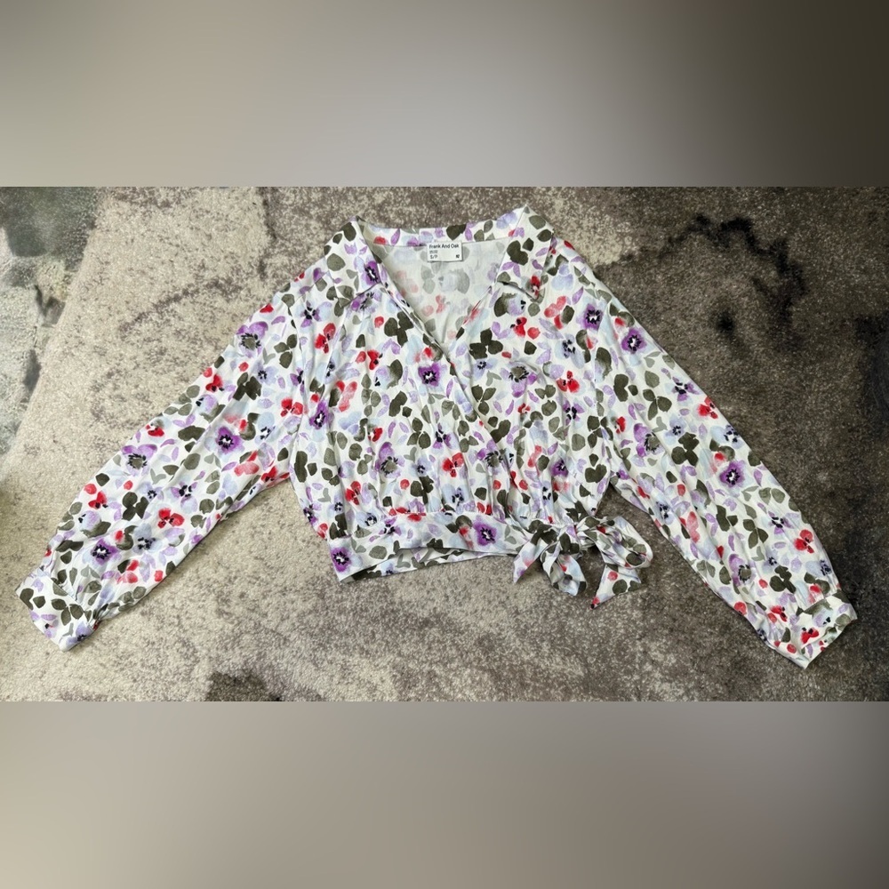 Frank & Oak Floral Tie-Front Blouse - White and Purple, green - size small - Picture 5 of 13